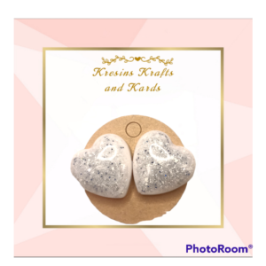 White Heart Studs With Silver Glitter