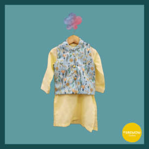 Blue Lined Floral Waistcoat & Lime Yellow Kurta.