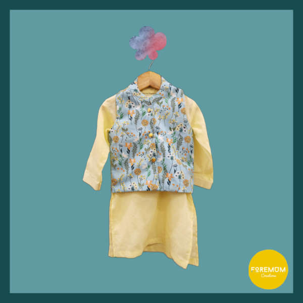 Blue Lined Floral Waistcoat & Lime Yellow Kurta.
