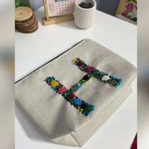 Letter Embroidered Jute Pouch